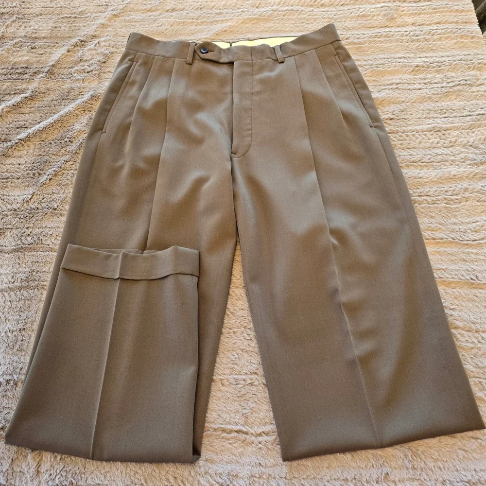 Brooks Brothers Makers Mens 33 Wool Pleated Cuffed Dress Pants Olive Taupe USA